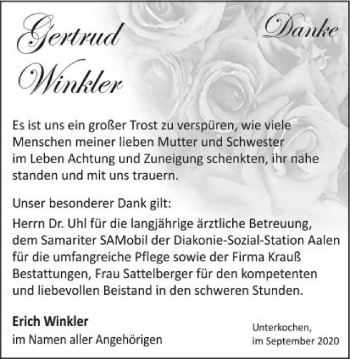 Traueranzeige von Gertrud Winkler von Schwäbische Post