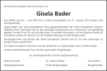 Traueranzeige von Gisela Bader von Gmünder Tagespost
