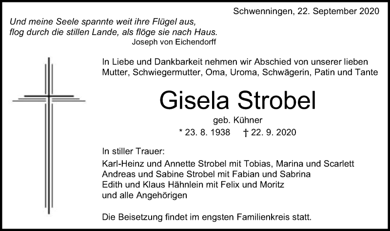  Traueranzeige für Gisela Strobel vom 23.09.2020 aus Schwäbische Post