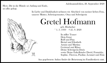 Traueranzeige von Gretel Hofmann von Schwäbische Post