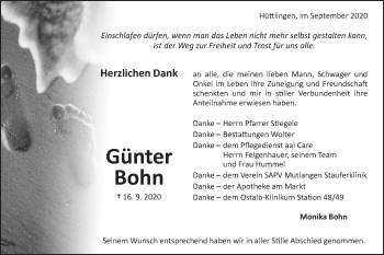 Traueranzeige von Günter Bohn von Schwäbische Post
