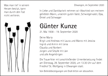 Traueranzeige von Günter Kunze von Schwäbische Post