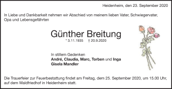 Traueranzeige von Günther Breitung von Schwäbische Post