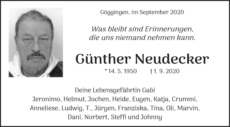  Traueranzeige für Günther Neudecker vom 08.09.2020 aus Gmünder Tagespost