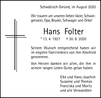 Traueranzeige von Hans Folter von Gmünder Tagespost