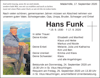 Traueranzeige von Hans Funk von Gmünder Tagespost