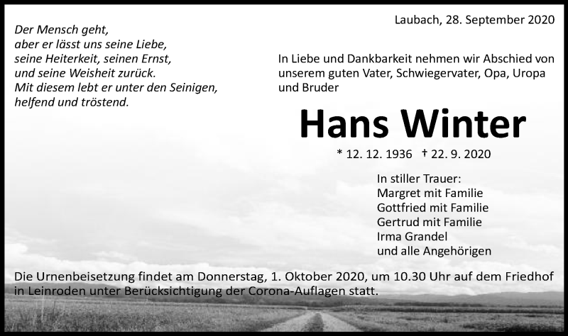  Traueranzeige für Hans Winter vom 28.09.2020 aus Schwäbische Post