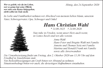 Traueranzeige von Hans Christian Wahl von Gmünder Tagespost