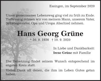 Traueranzeige von Hans Georg Grüne von Schwäbische Post