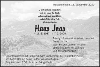 Traueranzeige von Hans Joas  von Schwäbische Post
