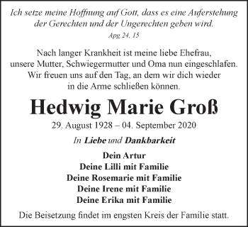 Traueranzeige von Hedwig Marie Groß von Schwäbische Post