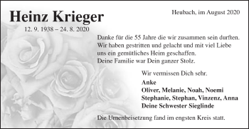 Traueranzeige von Heinz Krieger von Gmünder Tagespost