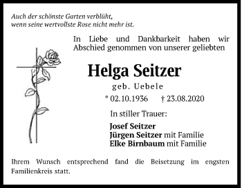 Traueranzeige von Helga Seitzer von Gmünder Tagespost