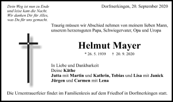 Traueranzeige von Helmut Mayer von Schwäbische Post