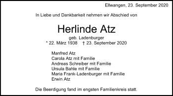 Traueranzeige von Herlinde Atz von Schwäbische Post