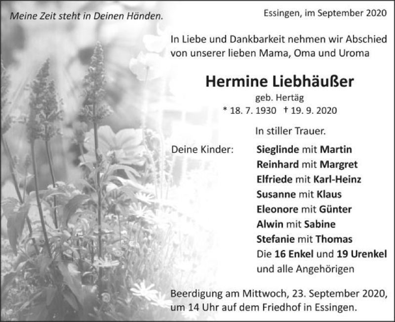  Traueranzeige für Hermine Liebhäußer vom 22.09.2020 aus Schwäbische Post