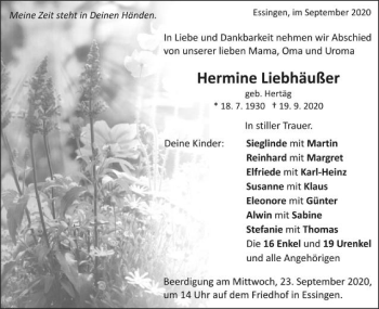 Traueranzeige von Hermine Liebhäußer von Schwäbische Post