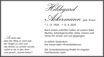 Traueranzeige von Hildegard Ackermann von Schwäbische Post