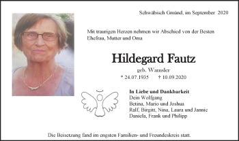 Traueranzeige von Hildegard Fautz von Gmünder Tagespost