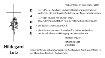 Traueranzeige von Hildegard Lutz von Schwäbische Post