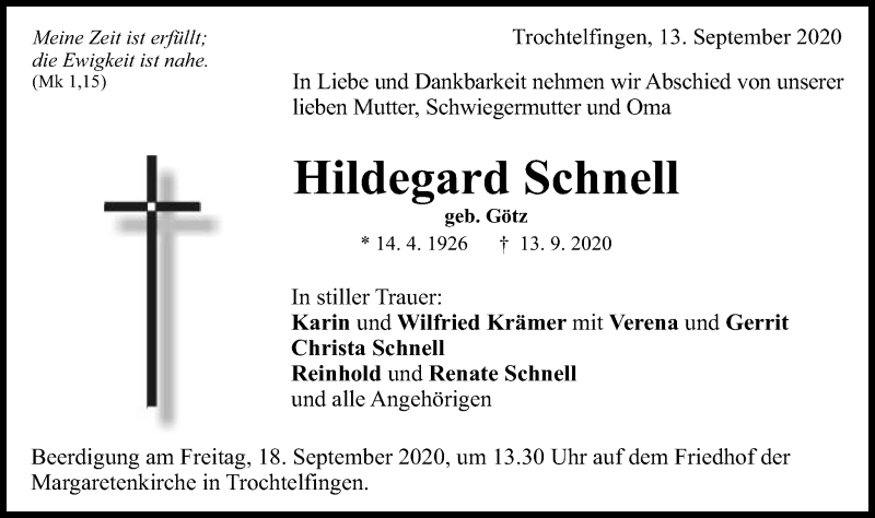 Traueranzeige für Hildegard Schnell vom 15.09.2020 aus Schwäbische Post