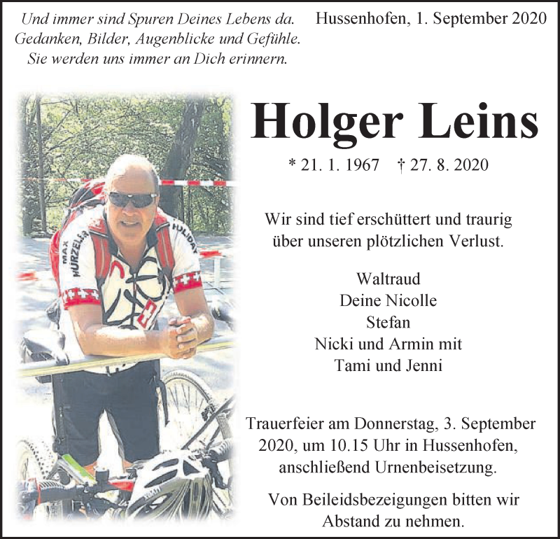 Traueranzeige für Holger Leins vom 01.09.2020 aus Gmünder Tagespost