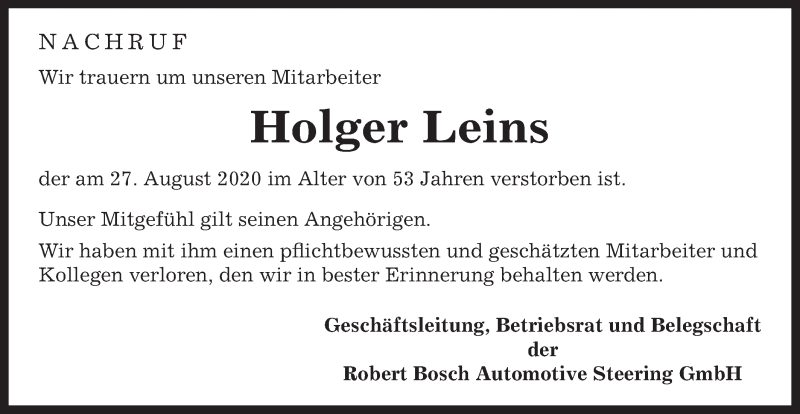  Traueranzeige für Holger Leins vom 03.09.2020 aus Gmünder Tagespost