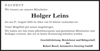 Traueranzeige von Holger Leins von Gmünder Tagespost