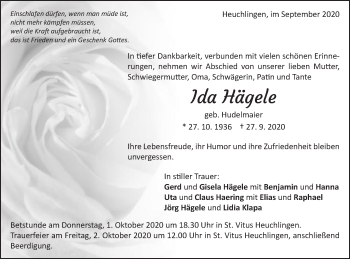 Traueranzeige von Ida Hägele von Gmünder Tagespost