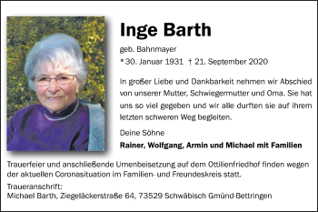 Traueranzeige von Inge Barth von Gmünder Tagespost