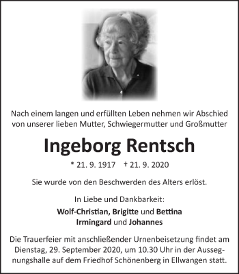 Traueranzeige von Ingeborg Rentsch von Schwäbische Post