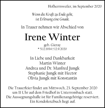 Traueranzeige von Irene Winter von Schwäbische Post