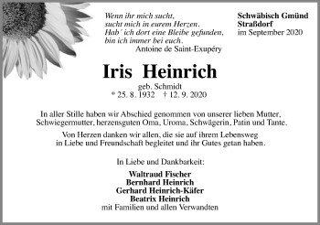 Traueranzeige von Iris Heinrich von Gmünder Tagespost