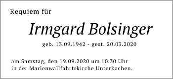 Traueranzeige von Irmgard Bolsinger von Schwäbische Post