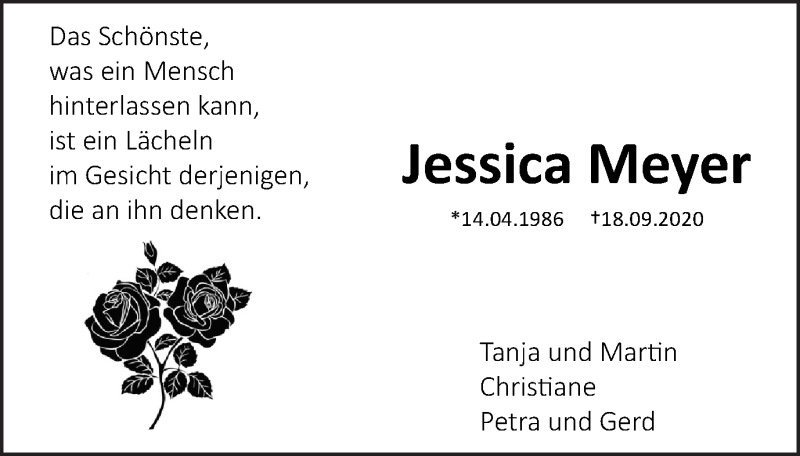  Traueranzeige für Jessica Meyer vom 23.09.2020 aus Schwäbische Post