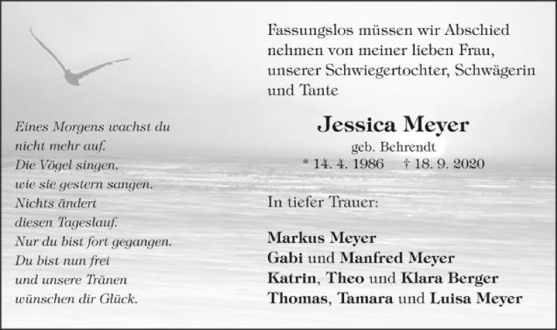  Traueranzeige für Jessica Meyer vom 22.09.2020 aus Schwäbische Post