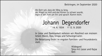 Traueranzeige von Johann Degendorfer von Gmünder Tagespost