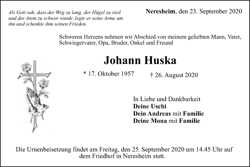  Traueranzeige für Johann Huska vom 23.09.2020 aus Schwäbische Post