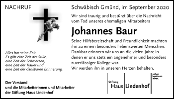 Traueranzeige von Johannes Baur von Gmünder Tagespost