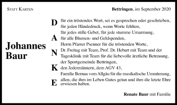 Traueranzeige von Johannes Baur von Gmünder Tagespost