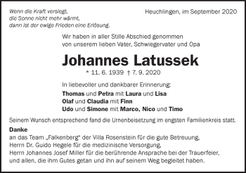 Traueranzeige von Johannes Latussek von Gmünder Tagespost