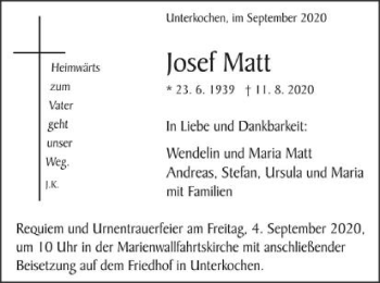 Traueranzeige von Josef Matt von Schwäbische Post