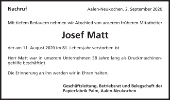 Traueranzeige von Josef Matt von Schwäbische Post