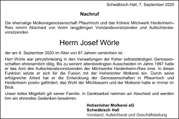 Traueranzeige von Josef Wörle von Schwäbische Post