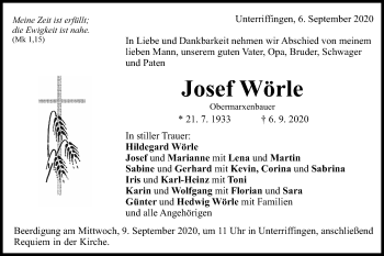 Traueranzeige von Josef Wörle von Schwäbische Post