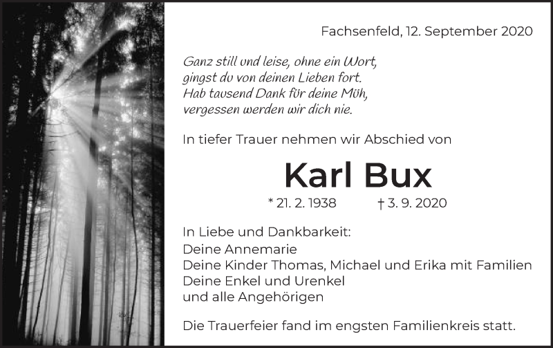  Traueranzeige für Karl Bux vom 12.09.2020 aus Schwäbische Post