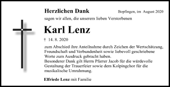 Traueranzeige von Karl Lenz von Schwäbische Post