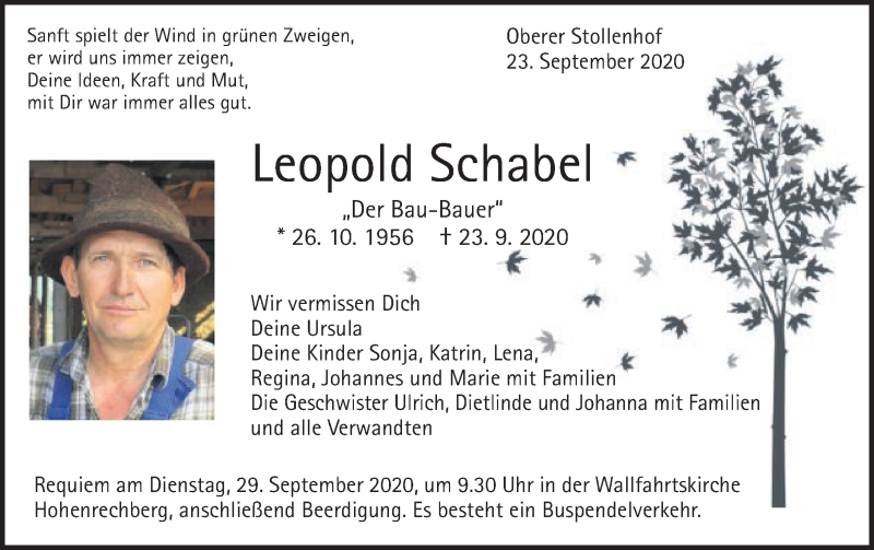  Traueranzeige für Leopold Schabel vom 25.09.2020 aus Gmünder Tagespost