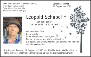 Traueranzeige von Leopold Schabel von Gmünder Tagespost