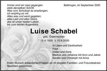 Traueranzeige von Luise Schabel von Gmünder Tagespost